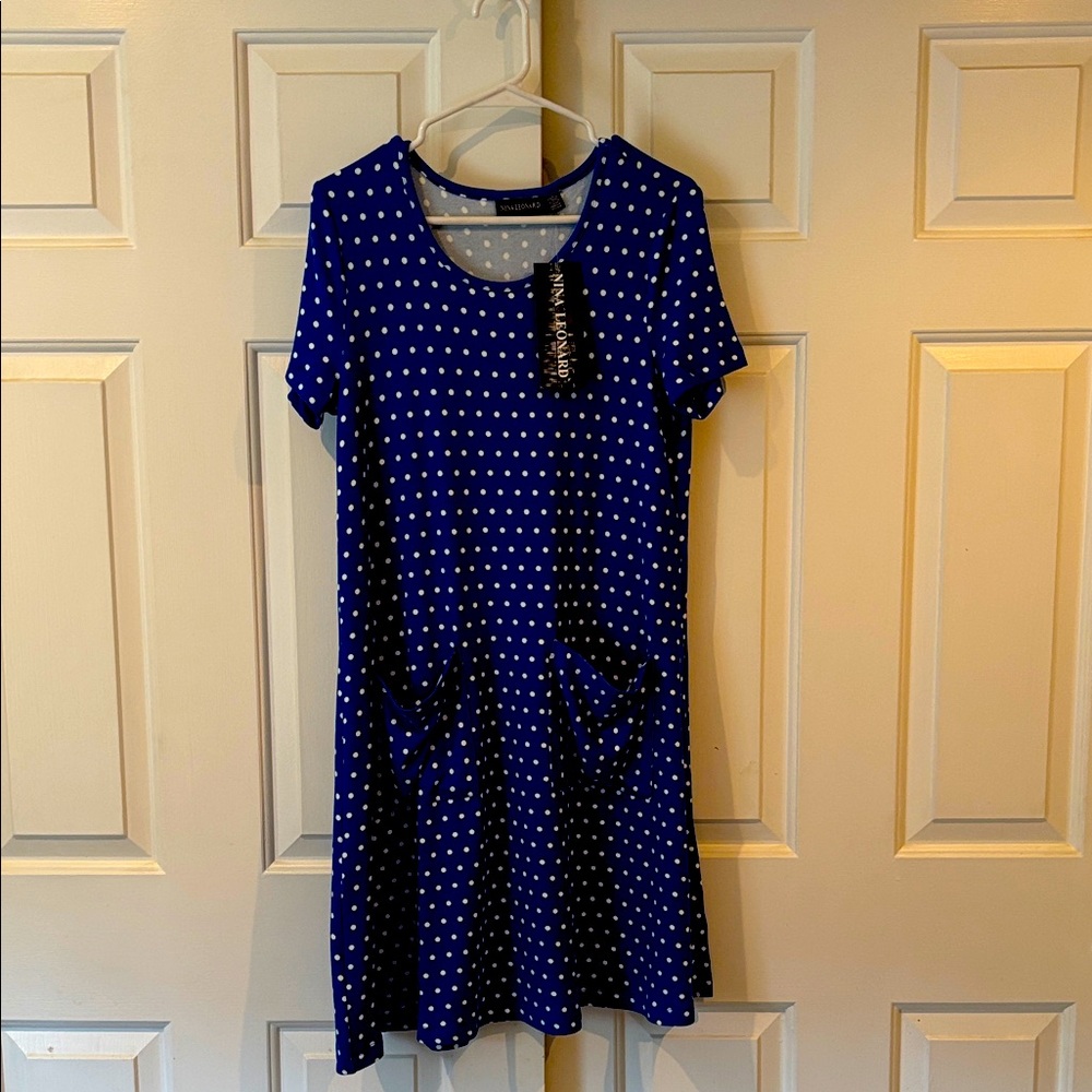 Nina Leonard Blue and White Polka Dot Dress